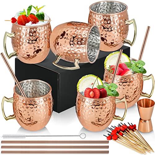 SuproBarware [Geschenk-Set] Moscow Mule Tassen Kupfer 540 ml Set mit 6 verkupferten Edelstahlbechern Handgefertigte Kupferbecher mit Griff für gekühlte Cocktail-Kaltgetränke Tassen